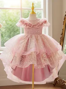 Girls Dress High-end Elegant Dress Lace Embroidery Design Suitable for Piano Dance and Wedding Flower Girl, Tulle Overlay Dress, Embroidered Tulle Dress