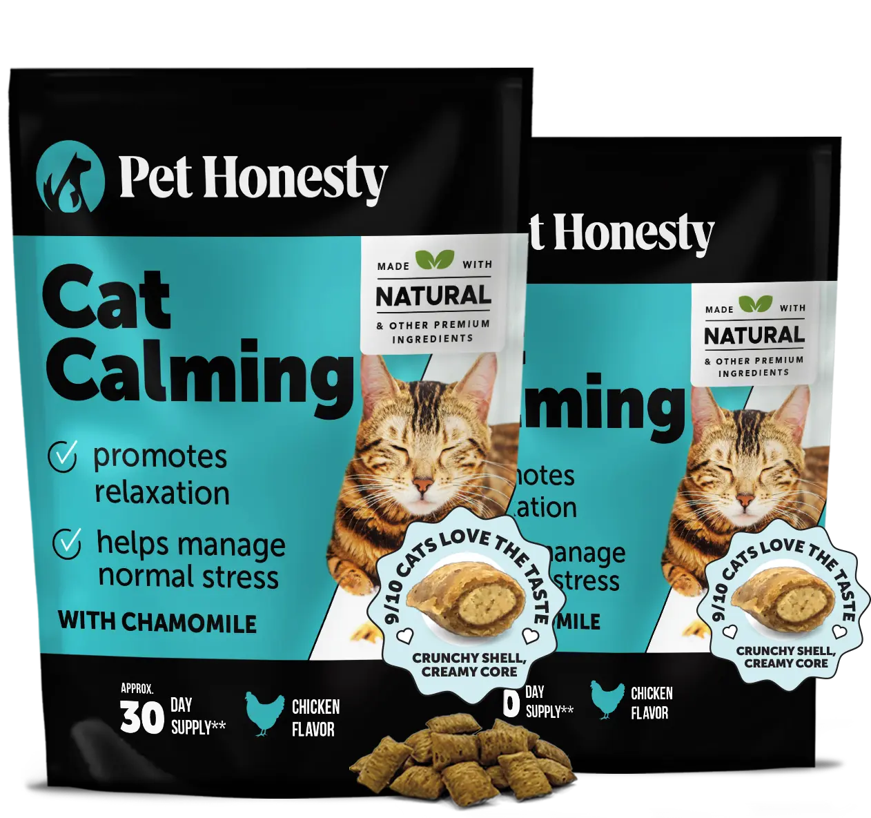 Pet Honesty Dual Texture Calming Treats Supplement for Cats 2 Pack (60 Day Supply), Anxiety Relief Calming Care with Chamomile, Thiamine & L-Theanine - Chicken
