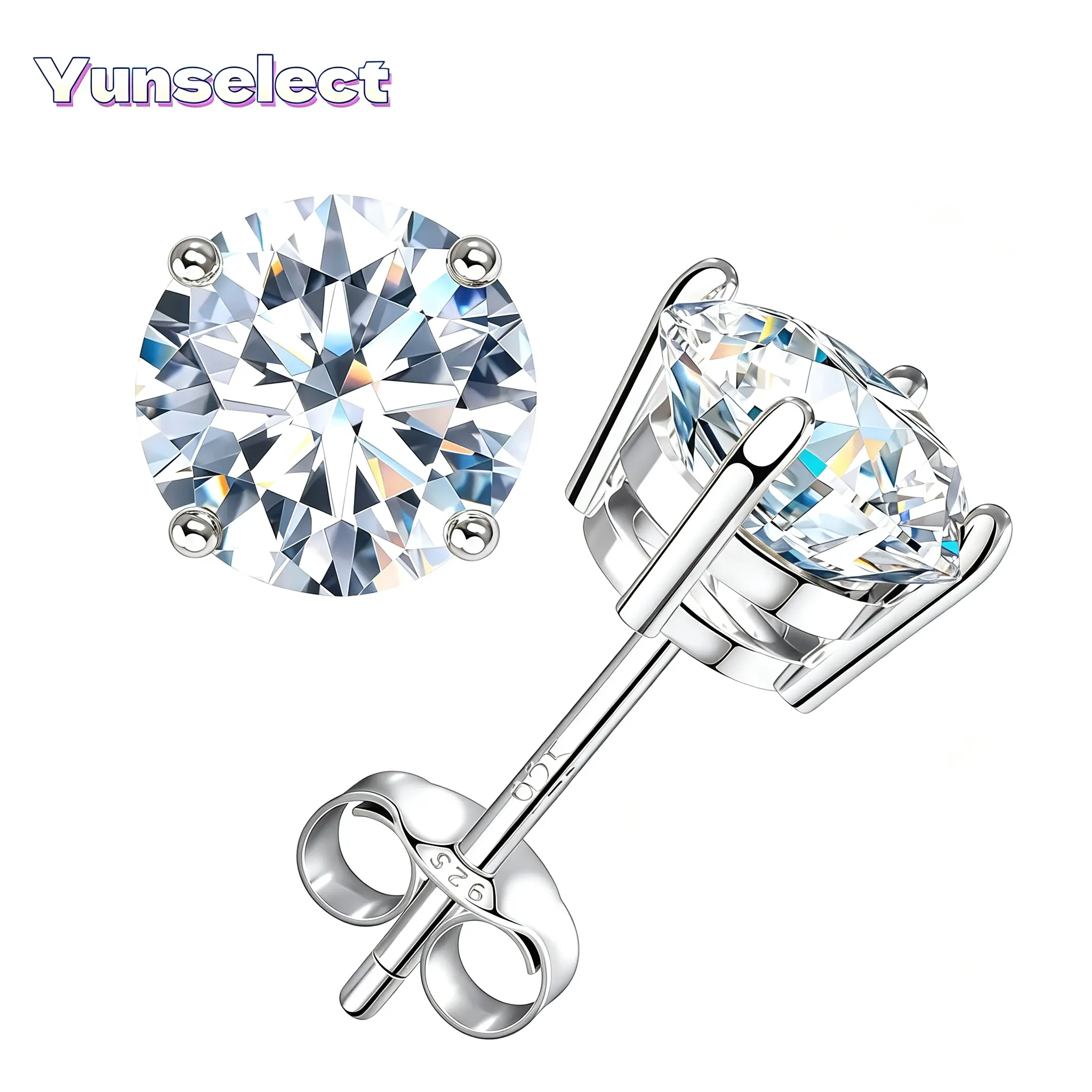 【Yunselect】18k Gold-Plated 4-Prong Round Lab-Created Moissanite Stud Earrings, S925 Sterling Silver/Copper Base, Artificial Gemstone Jewelry for Women, Ideal Birthday Wedding Engagement Gift