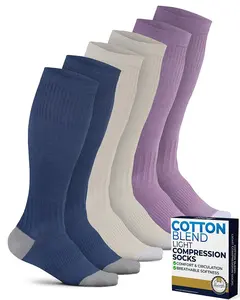Pembrook Women's Light Compression Socks Cotton, 3 Pairs, Knee High with 8-15 mmHg for Comfort and Fatigue Relief in Cream, Blue, Rose