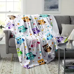 Colorful Cartoon Owl Theme Flannel Blanket, Suitable for Sofa, Bed, Office Nap Blanket, Outdoor Camping and Travel Throw