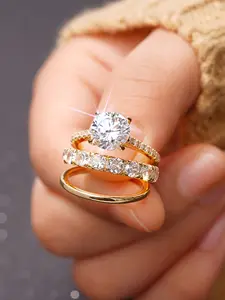 3Pcs Elegant Zircon Ring Set, Luxury Round Cubic Zirconia Rings for Women, Premium Plated Metal Inlaid Finger Rings, Stylish Accessories for Wedding Party Daily & All Season Wear