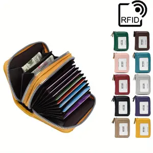 Women's Genuine RFID Blocking Wallet - Double-Zip Multi-Function Credit Card Holder with Large Capacity, Transparent RFID Protection, 6 Color Options (Black, Blue, Yellow, Orange, Pink, Purple)