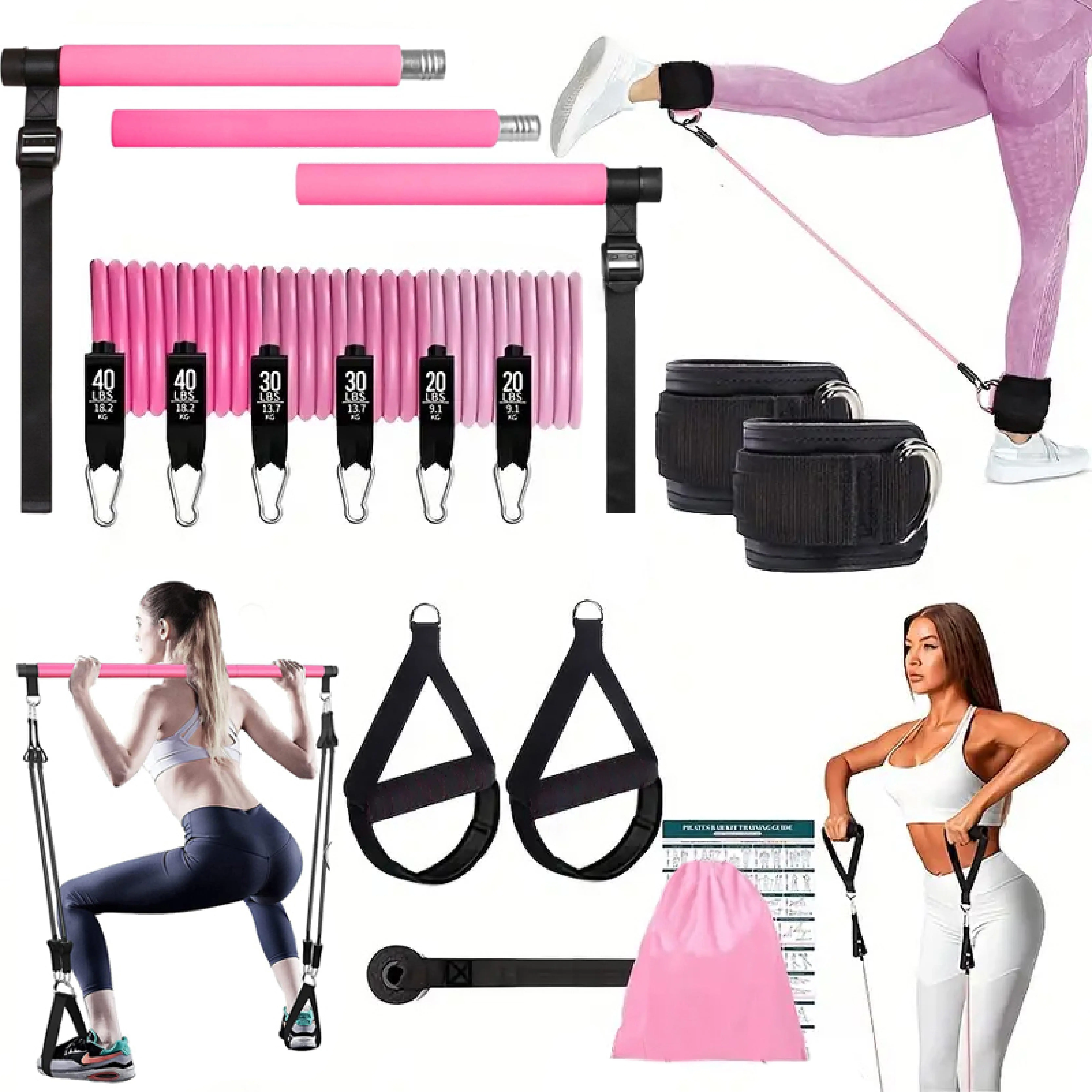 Pilates Bar Kit with 6 Exercise Resistance Bands, Portable 14-Piece Set for Multi-functional Full Body Training at Home, Exercise Resistance Band, Home Workout, 6 × Resistance Bands