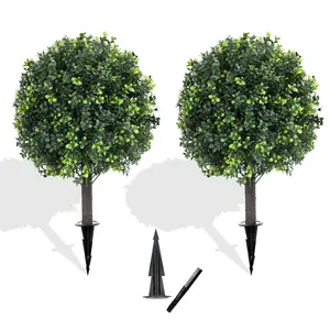Artificial Boxwood Topiary Outdoor Plant with Stakes Decorative Set of 2 Items Faux Ball Shrub Bushes Lifelike UV Resistant Fake Evergreen Tree for Home Garden Front Porch Ornaments Fruit Nature