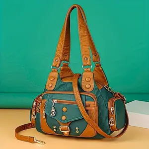 Vintage Design Hobo Shoulder Bag, Classic Zipper Shoulder Bag With Rivets Decor, Casual Handbag Commute Magnetic Closure Outdoor Laptop Bag Durable Gift for Her Large Capacity Multi Purpose Travel Handbag