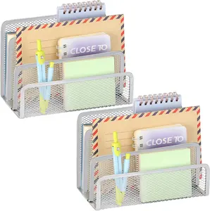 2 count Desk Mail Organizer, Metal Mesh Small File Holders Letter Organizer, Bill/Document/Filing/Folders/Paper Organizer for Desktop (GREY-2PCS)