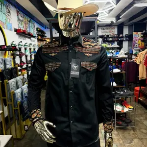 LAMASINI Men's White Western Shirt with Aztec Embroidery Button Front Design for Casual Wear