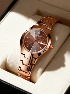 Women's Rose Gold Quartz Watch, Modern Fashionable Wristwatch, Elegant Luxury Design, Waterproof with Calendar, Perfect for Work and Parties, Ideal Gift