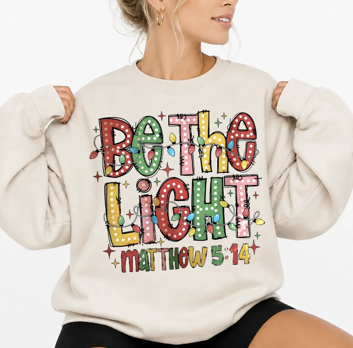 Women's Christmas Sweatshirt, Casual 'Be The Light' Matthew 5:14 Printed Top in Soft Cotton Fabric, Fitted, Tops, Long Sleeve