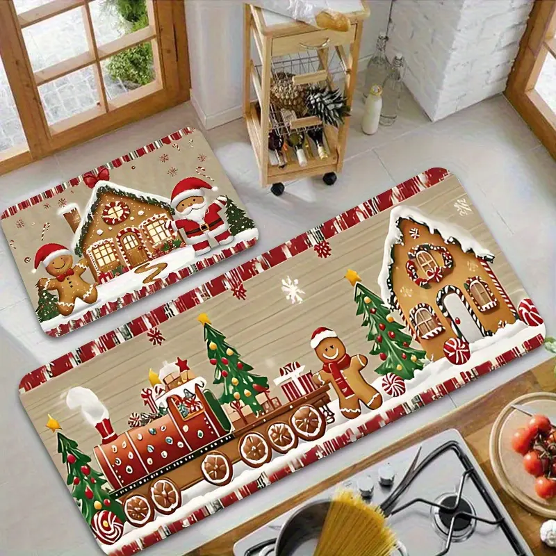 2pcs Merry Christmas Checkered Tree Kitchen Mat, Anti-Slip Christmas and Winter Kitchen Carpet, Comfortable Carpet for Hallway Entrance Doors and Bathrooms, Perfect Choice for Holiday Party Decoration