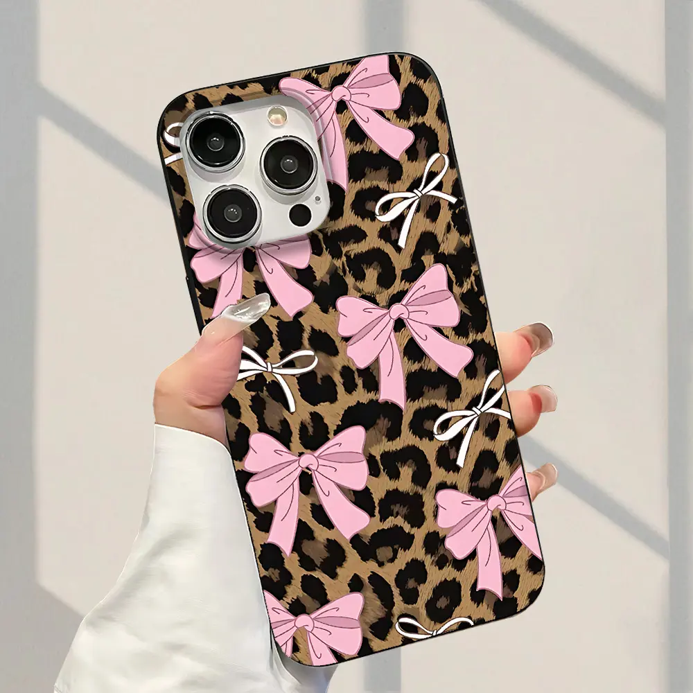 Matte TPU Cellphone Casing - Fashionable Leopard Print, Bowknot Design, Large-Hole Soft Cover for Protection, Accessories for iPhone 7,8,11,12,13,14,15,16 Pro,16 Plus, Smartphone Protector