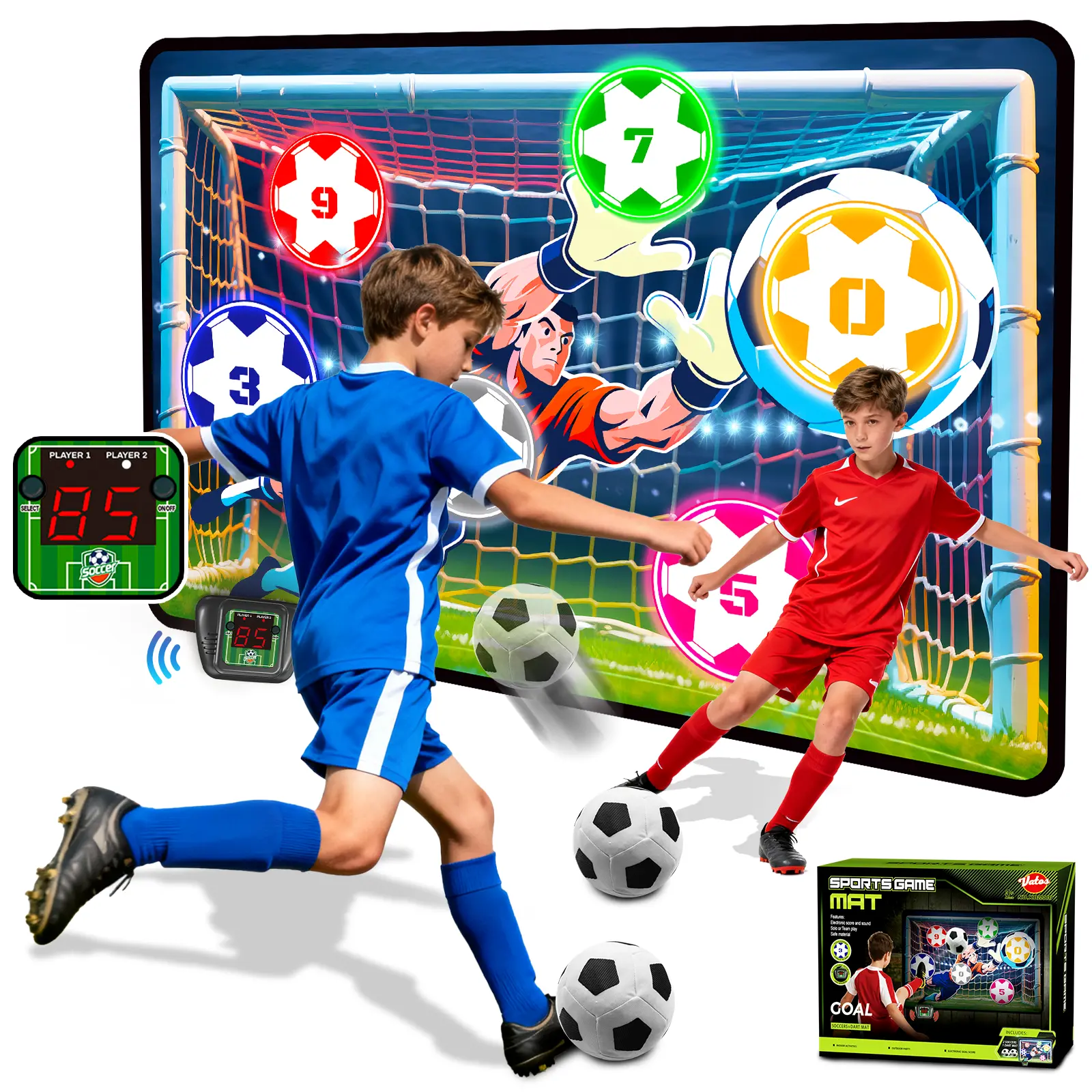 VATOS Electronic Scoring Soccer Toy Game Set for Kids, Indoor Outdoor Soccer Training Target with Real-Time Scoring, Solo & 2-Player VS Mode, Fabric Goal and 2 Soft Balls, Birthday Gift Ages 3+