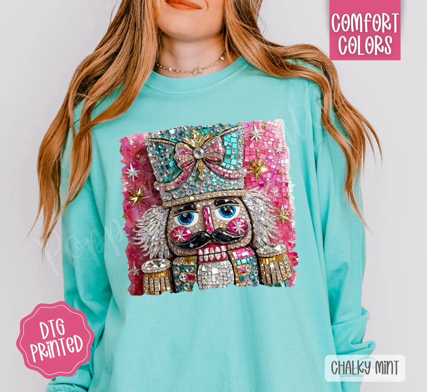 Faux Rhinestone Nutcracker Comfort Colors Long Sleeve T-Shirt, Cute Women's Christmas Tee