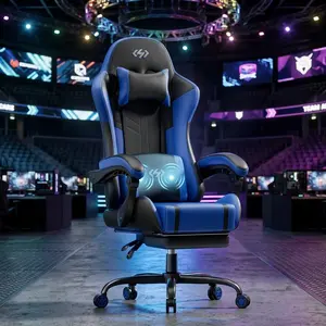Ergonomic PU Leather Gaming Chair, 90-135° Reclining Chair with Pocket Spring Cushion, USB Vibration Massage Lumbar & Head Support, Height Adjustable 360° Swivel Computer Chair with Silent Casters for Home Game Room Office, Dark Blue