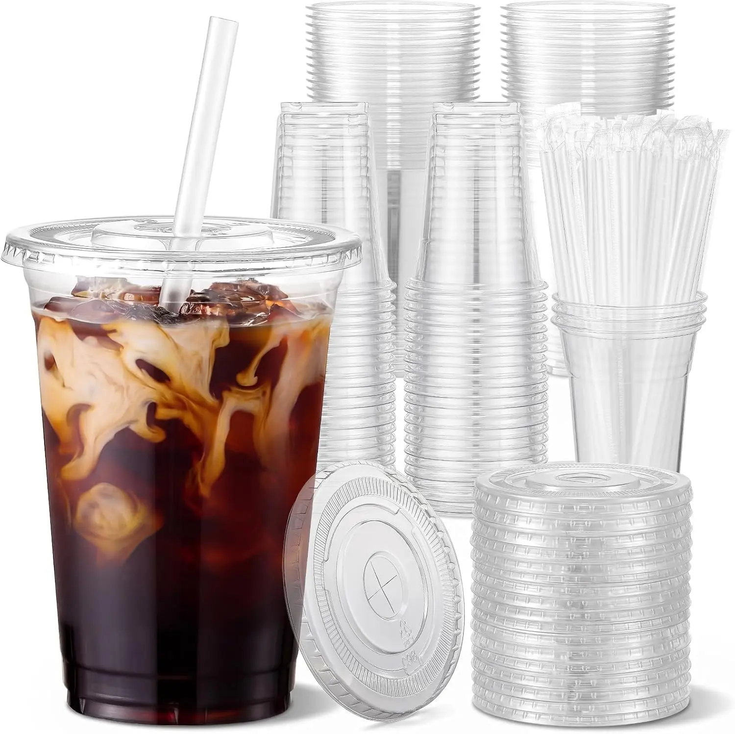 100 Sets 16oz Clear Plastic Cups with Lids and Straws Disposable Iced Coffee Cups for Smoothie Milkshake Cold Drinks BPA free