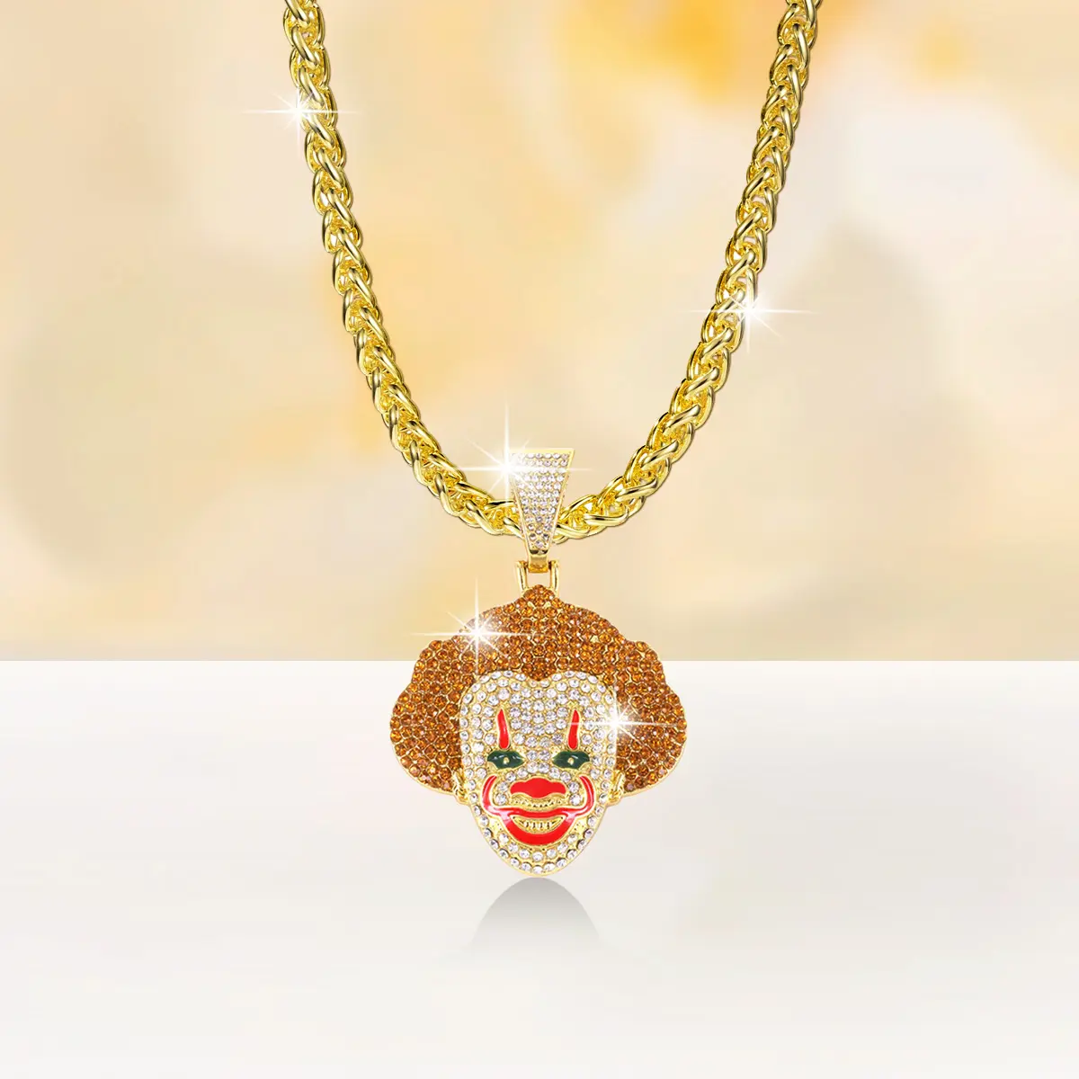 Unisex Iced Out Clown Face Pendant Necklace, Rhinestone Decorated Jewelry, Long Chain Hip Hop Costume Accessory, Hip Hop Jewelry, Birthday, Metal Coating, Chain Jewelry Necklaces