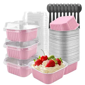 40-Piece Mini Cake Molds Set (with Lids & Spoons), Chocolate Cake Tin Foil Mold, Square Brownie Baking Cups, Disposable Dessert Paper Cups, Bakeware