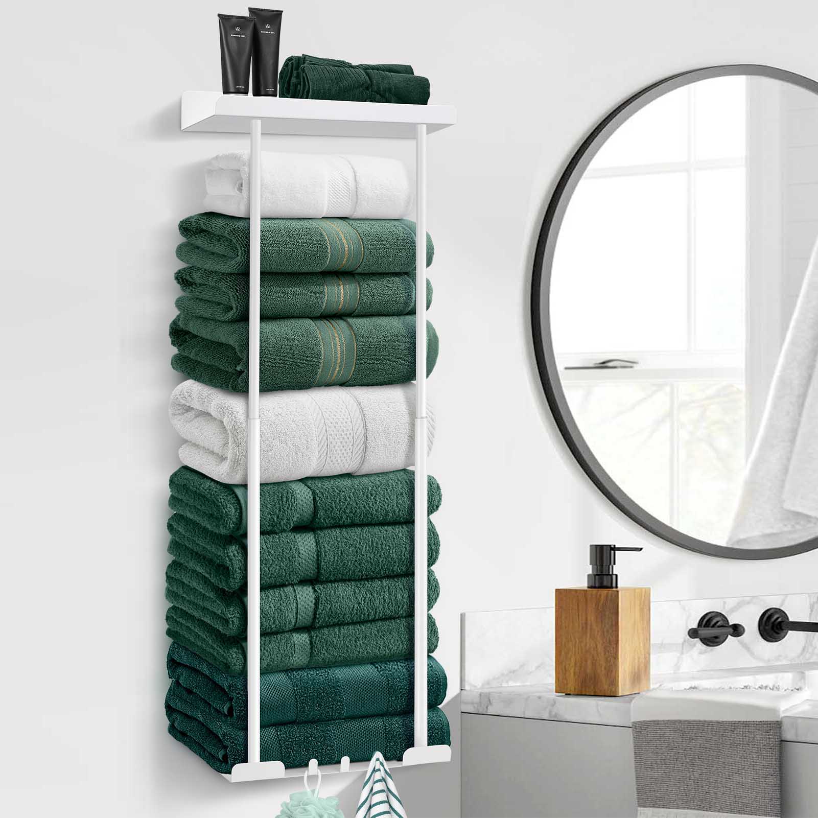 Wall-Mounted Towel Holder, Retractable Height Metal Towel Rack with Reliable Hooks for Rolled Towel Storage and Bathroom Wall Mounting - Large-Capacity, Rust-Proof, Durable Shower Organizer