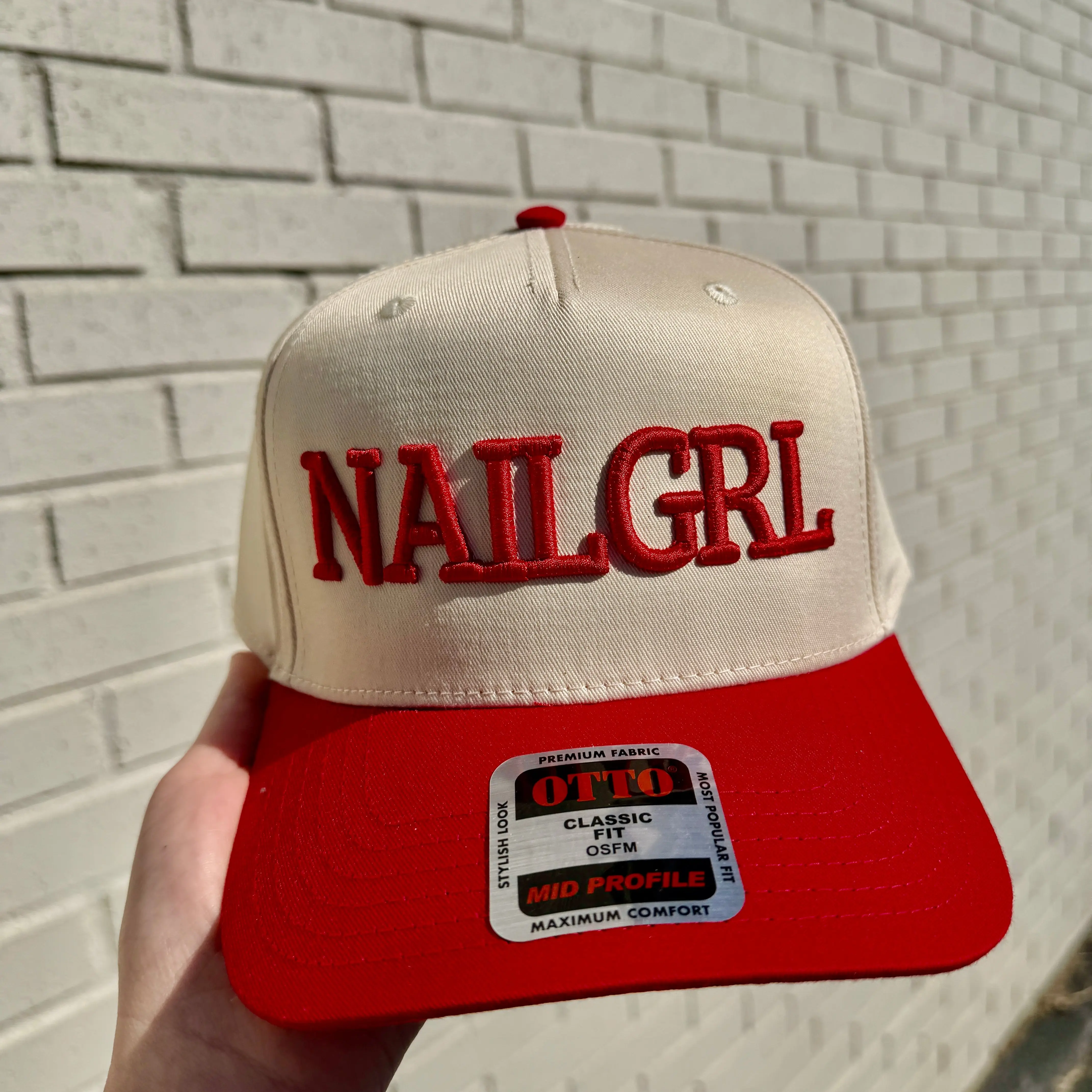 NAILGRL Basic Text Embroidery Unisex Baseball Cap - Adjustable Strap, Mid-Profile Fit, Pre-Curved Visor, Cream/Natural Crown, Spot Clean Nail Salon Wear Accessory for Nail Techs