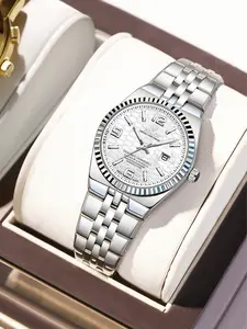 Women's Elegant Quartz Watch, Round Analog Face, Butterfly Buckle Stainless Steel Strap, Calendar Display, Business & Casual Wear, Modern Fashionable Wristwatch
