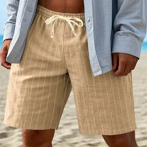 Men’s striped linen drawstring shorts, elastic-waist casual beach pants, breathable summer vacation everyday versatile style #SummerVibes