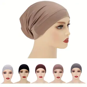 6 Pieces Stretchy Breathable Beanie Turban, Women's Solid Color Chemo Head Scarf, Lined Sleep Hijab Cap