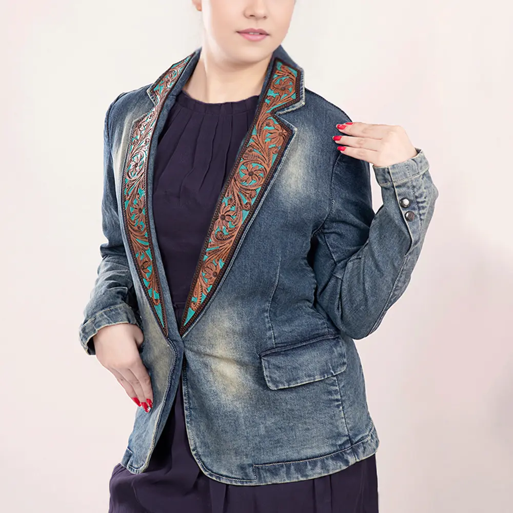 American Darling Genuine leather Hand tooled carved Women 100% cotton Denim Blazer dress jacket | Vintage