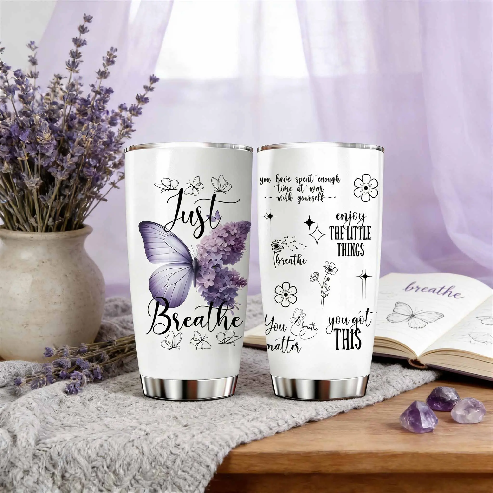 AuraCup 1pc 20oz stainless steel insulated tumbler with lid and straw, "Just Breathe" purple butterfly floral print, motivational quote "Enjoy the Little Things", double wall coffee tea travel mug, Insulated Travel Drinkware, Christmas gift
