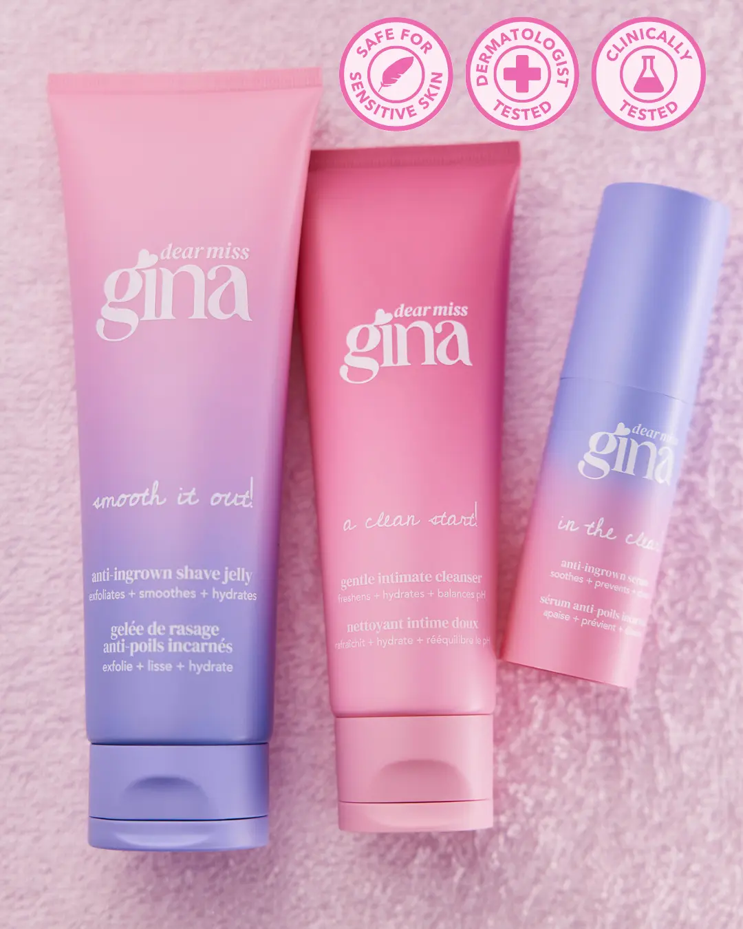 clear confidence bundle for intimate care | clean, soft, smooth bikini skin without ingrown hairs | dermatologist tested | dear miss gina