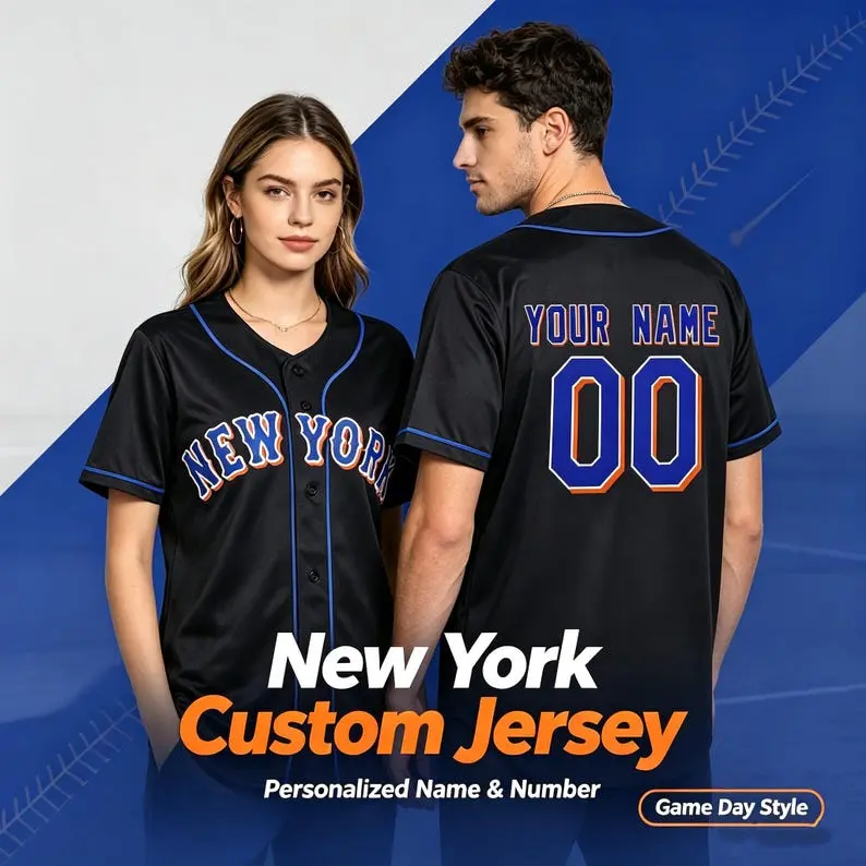 Custom New York Style Black Baseball Jersey, Personalized Name Number Short Sleeve Button Top，Breathable Game Day Shirt Fan Gift