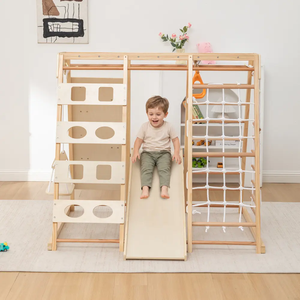 Wooden Indoor Jungle Gym Set, Toddler Climbing Toys with Slide & Swing, Montessori Play Gym for Playroom Toddler Gift