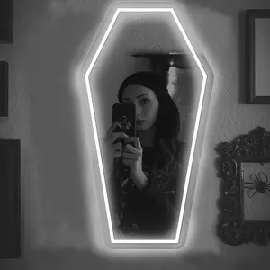 1pc Gothic Coffin-Shaped Neon Wall Mirror, USB Powered, Glass Surface, Horizontal, Irregular Decorative Art Style, Ideal for Dark Art Enthusiasts and Holiday Gifts, LED Wall Mirror