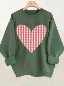 Women's Valentine's Day Heart Print Sweatshirt, Fitted Round Neck, Soft Fabric, Holiday, Multiple Colors, 1xl-5xl