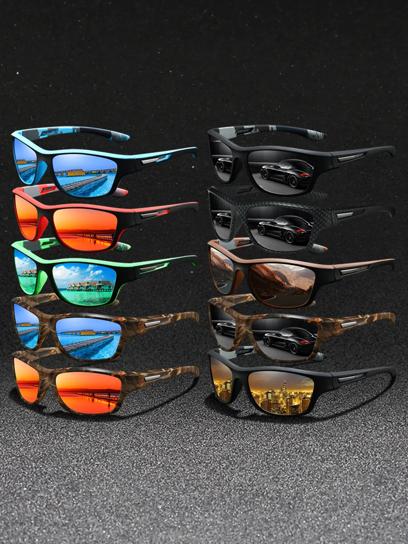 10pcs Latest camo pattern sunglasses for men and women, Outdoor sport sunglasses, available in multiple colors. Features night vision lenses, UV400 protection, and comfortable rubber nose pads and temples