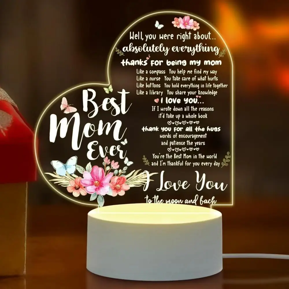 Solid Acrylic LED Night Light with Push Button, USB Powered Warm Glow Bedroom Lamp, 12cm×12cm Ambient Mood Light for Mom Gift Home Birthday Decor Mother's Day