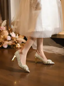 French Sparkling Plus Size Wedding Shoes, Xuhe Bridal Gown Crystal Bride Shoes, Beaded Elegance Wide Heel Pumps