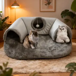 Three-In-One Comfort Cat Tunnel Bed Mat with Non-Slip Base, Play Pad & Warm Nest for Small to Medium Cats, Rabbits & Hamsters, Kitten Condo