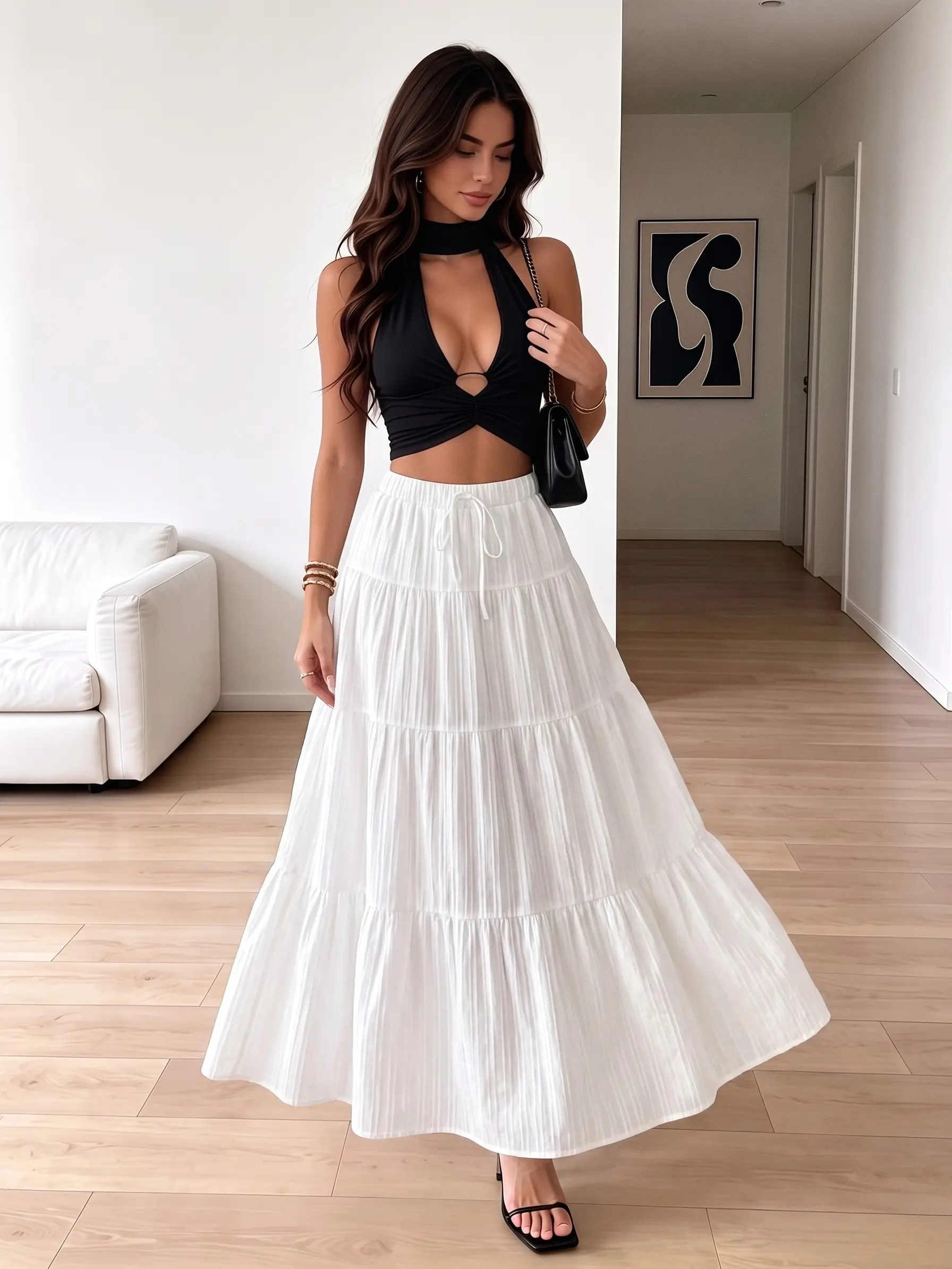 Bohemian Skirt Solid Color High-Waisted Tie Waist Long Skirt with Ruffled Hem Maxi Skirt For Womenswear,Breathable Flared Fabric Chic Boho Tiered Maxi Skirt Women Beach Bottoms White Long Skirt