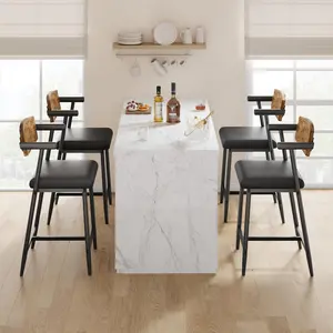 Garvee Set of bar stools with wide padded seats, armrests, and backrests, featuring metal frames with footrests. Ideal for kitchen islands and bars, blending rustic, vintage, and industrial styles in black, brown, and leather finishes.
