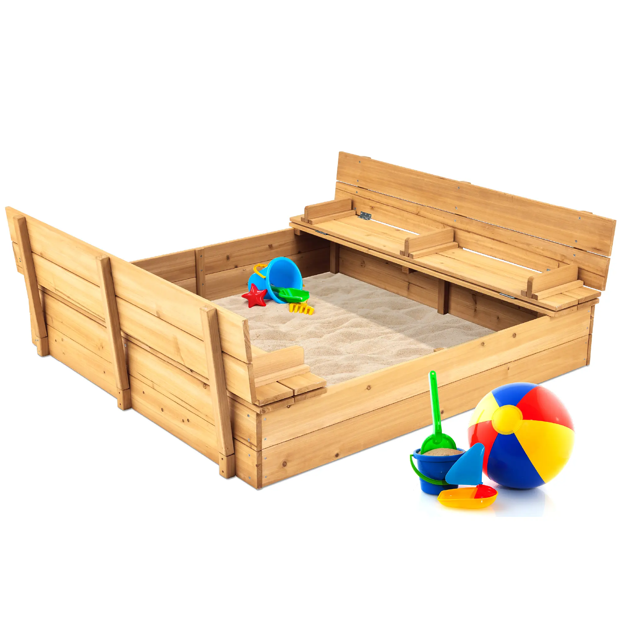 Best Choice Products 47x47-Inch Kids Wooden Outdoor Sandbox w/ 2 Foldable Bench Seats, Sand Protection, Liner