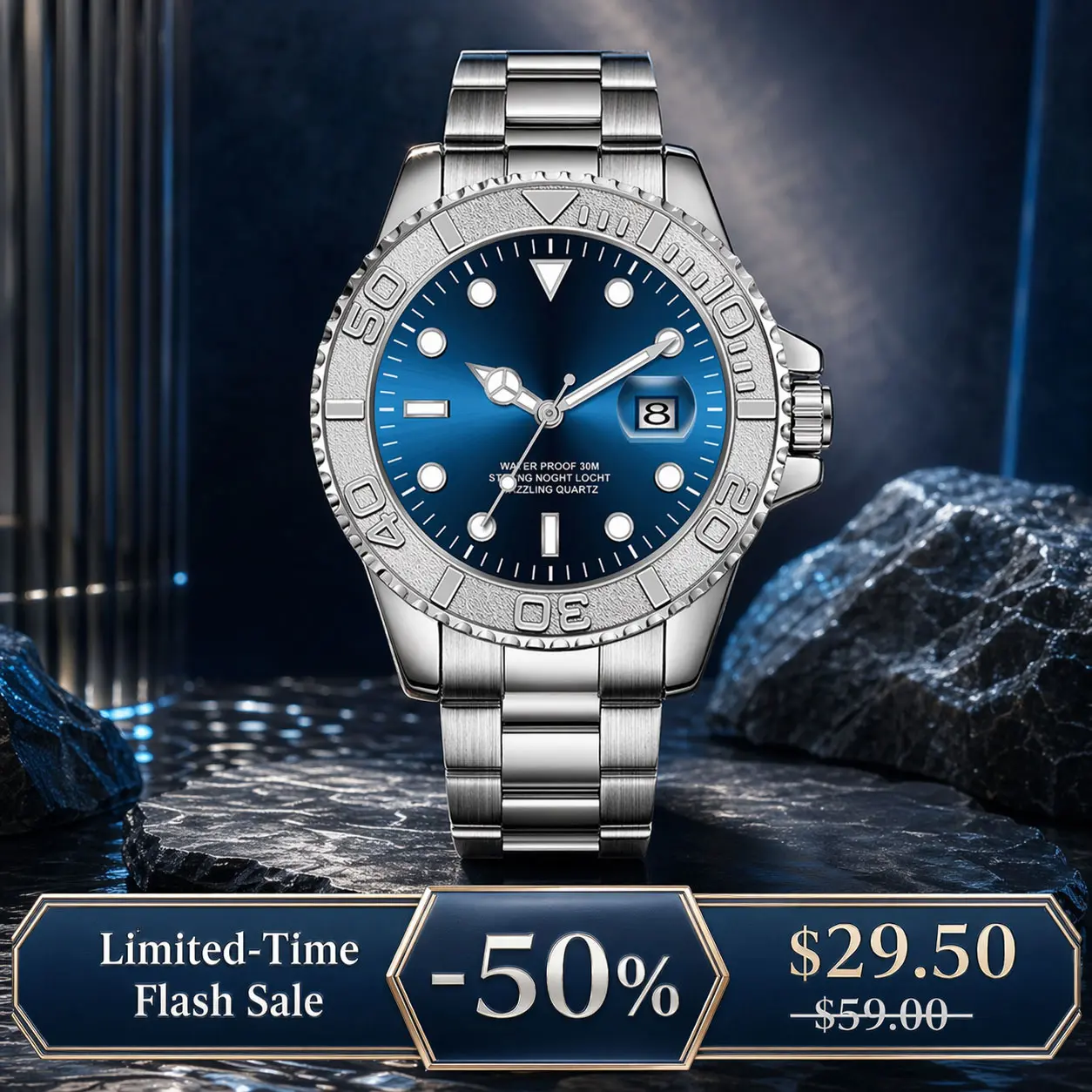 Men's Luxury Diver-Style Sleek Sporty All-Metal Glow-in-the-Dark High-Resistance Quartz Wristwatch - Stainless Steel, 30M Water Resistant, Date Feature, for Outdoor Activities, Sleek Quartz Watches, Sporty Quartz Watches
