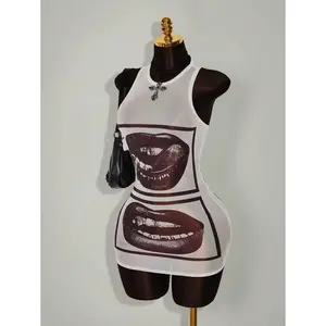 Rave Outfits Festival Rave Outfits Festival Lip Print Sheer Bodycon Mini Dress Casual Fabric Sleeve Womenswear