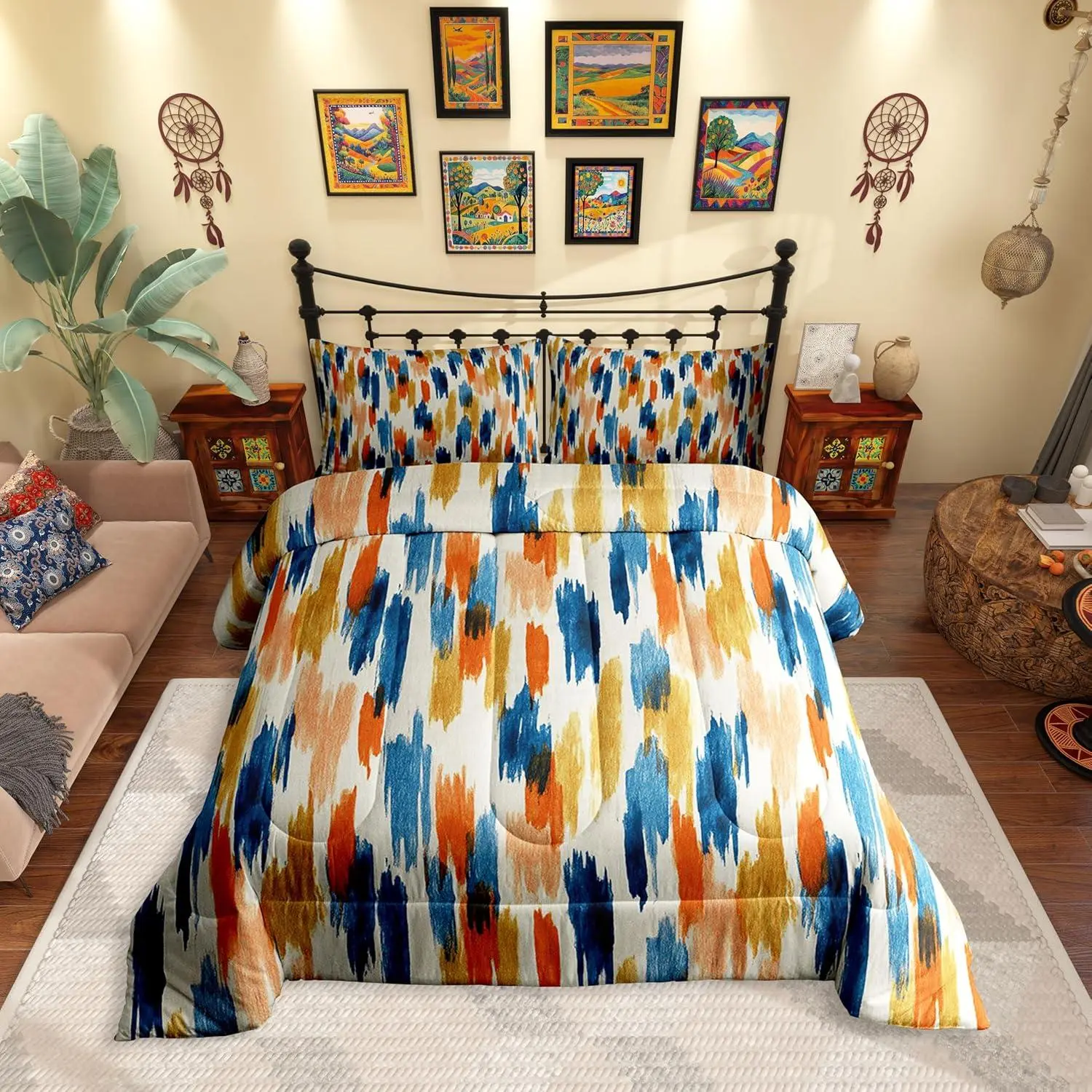 Abstract Comforter Set,Watercolor Duvet Quilt for Kids Men Women Raibow Bohemian Ombre Ink Splash Orange Red Comforter All Season Bedding Set