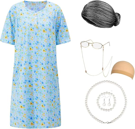 7 Pieces Women Old Lady Costume with Dress Wig Headscarf Glasses Stockings Cane for Halloween, 100 Days of School