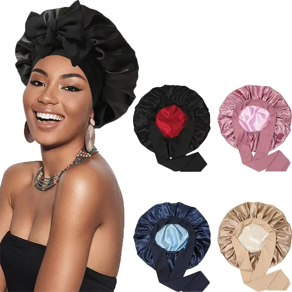 Satin Bonnet Silk Bonnet for Sleeping Silk Sleep Cap Double Layer Hair Bonnet with Elastic Tie Band for Women Curly Hair Night Cap