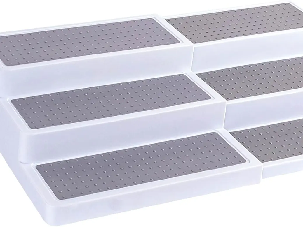 3–Tier Expandable Plastic Spice Rack - Adjustable Length, Stability with Non-Skid Shelf, Three Tiers for Easy Visibility, Organizer for Kitchen Cabinet, Pantry or Countertop, White/Grey