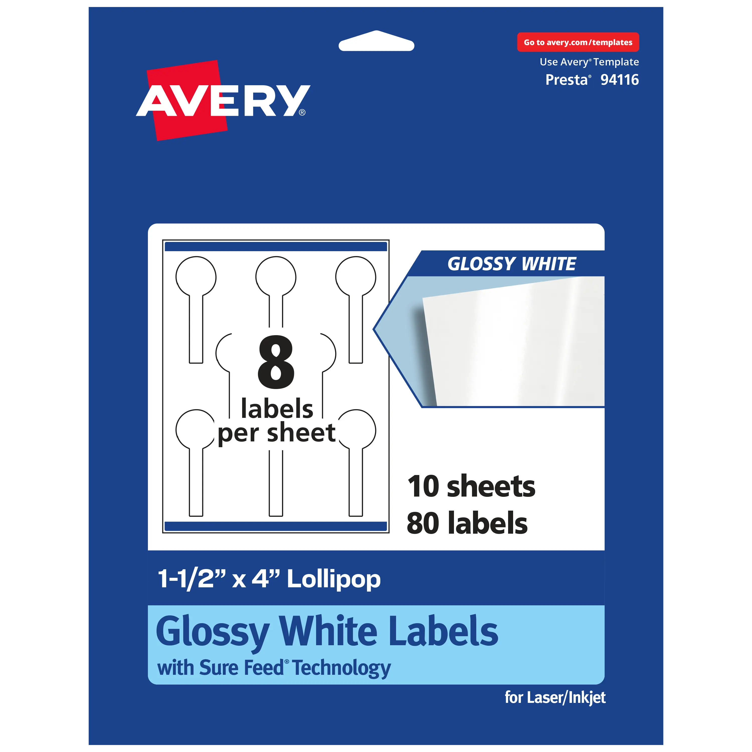 Avery Glossy White Lollipop Labels with Sure Feed, 1.5" x 4"
