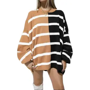 Womens Color Block Sweaters Crewneck Knitwear Long Sleeve Striped Pullover Casual Loose Knitted Tops for Fall & Winter - Knitting, Womenswear