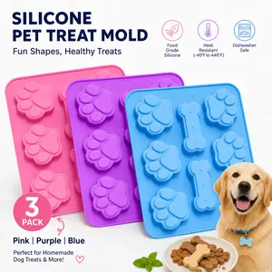 3 Pack Silicone Paw & Bone Molds - 2-in-1 Kitchen Ice Cube Trays for Puppy Homemade Treats, Birthday Cake Decorations - Non-Stick, Reusable, Flexible, Easy Release